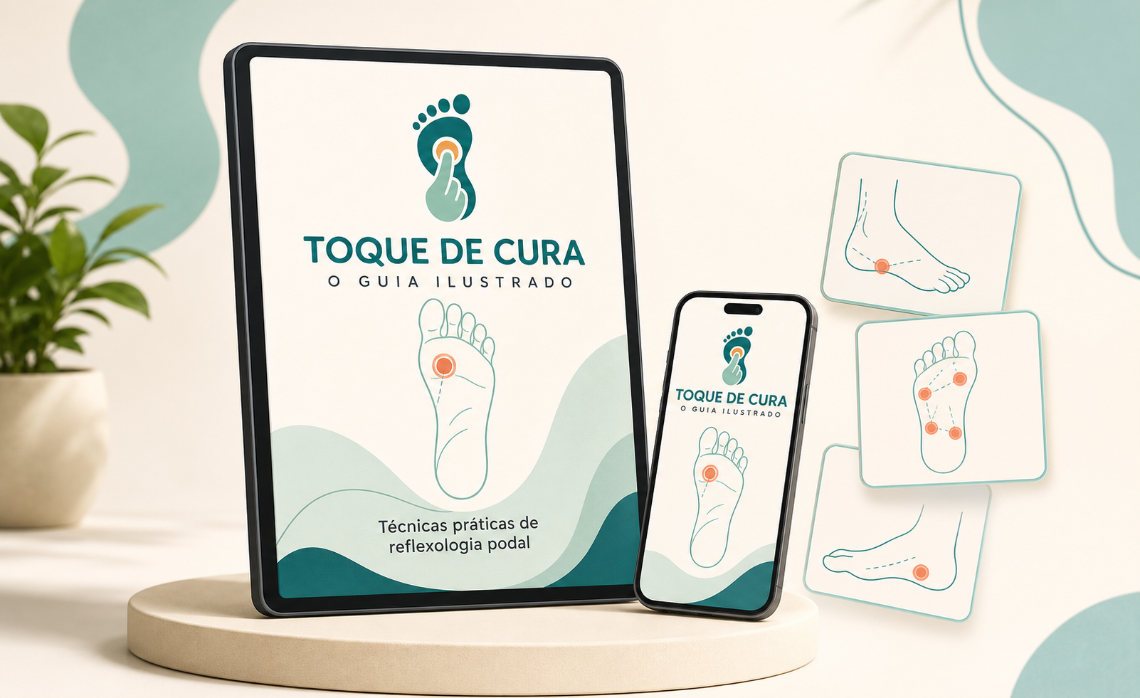 Toque de Cura aberto em tablet e celular com cards ilustrados